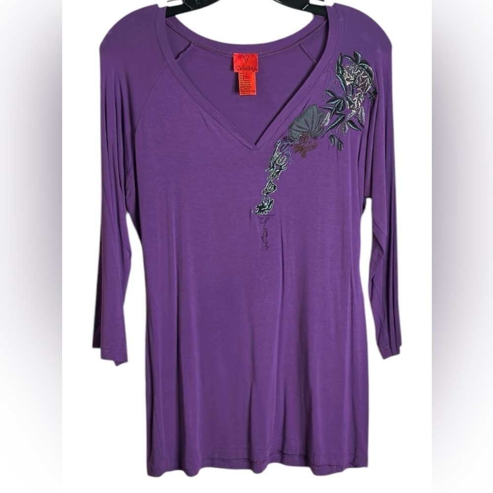 V Christina Purple Women's Top with Floral Design Size L